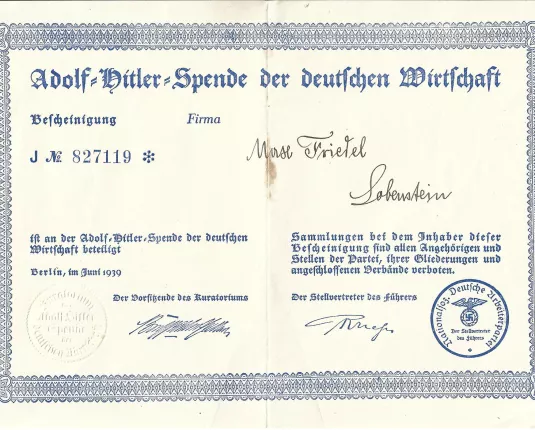 Adolf-Hitler-Spende der deutschen Wirtschaft - 1939