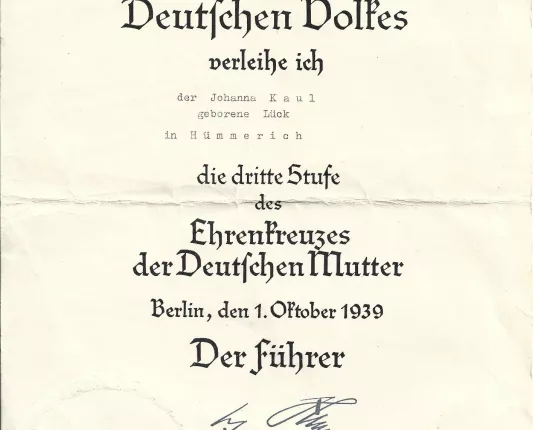 Ehrenkreuzes der Deutschen Mutter in Bronze - oorkonde