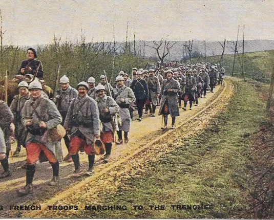 Smiling french troops marching tot the trenches