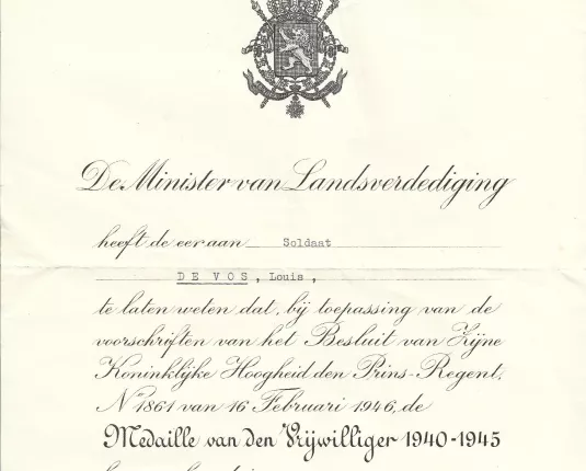 België - Medaille van den Vrijwilliger 1940-1945 - oorkonde